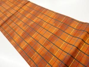 手織り紬変わり格子に抽象模様織出し全通袋帯